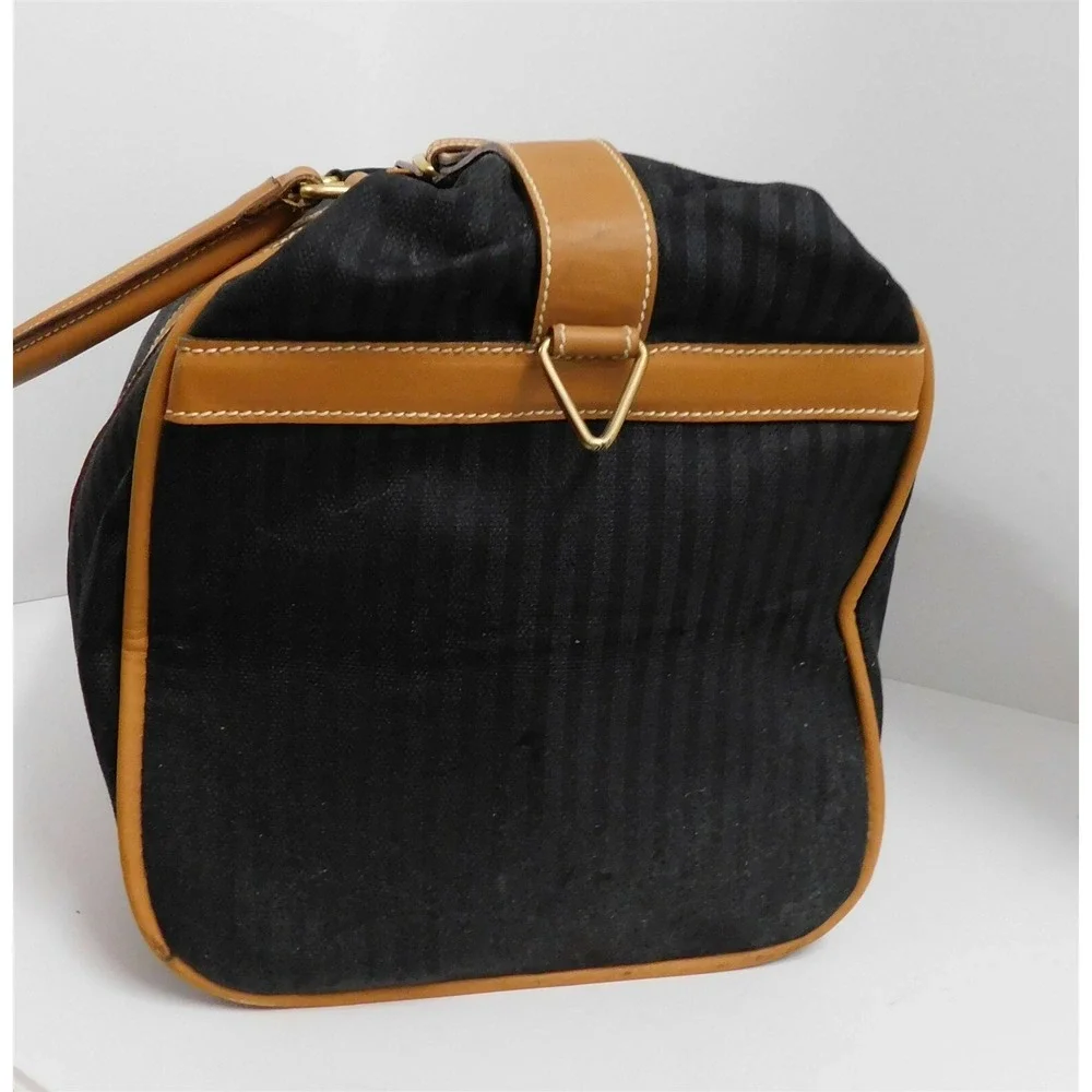 Fendi Italy Vintage Black Striped Canvas Leather Duffle Carry-on Tote Bag‎